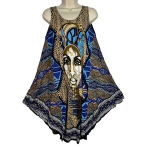 Seven Islands Dress One Size Boho African Face Graphic Rayon Handkerchief Hem